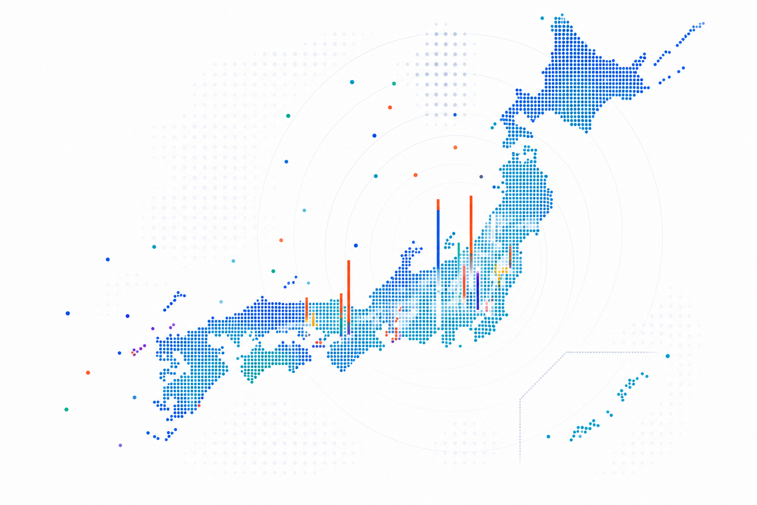 都道府県ごとの変化をドットと色で示した日本地図